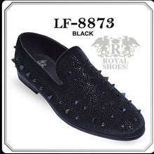 Load image into Gallery viewer, Royal Shoes Black Spikes/Rhinestones Smoking Slip-on Red Bottom Men’s Dress Shoes LF-8873 Sizes 8-13
