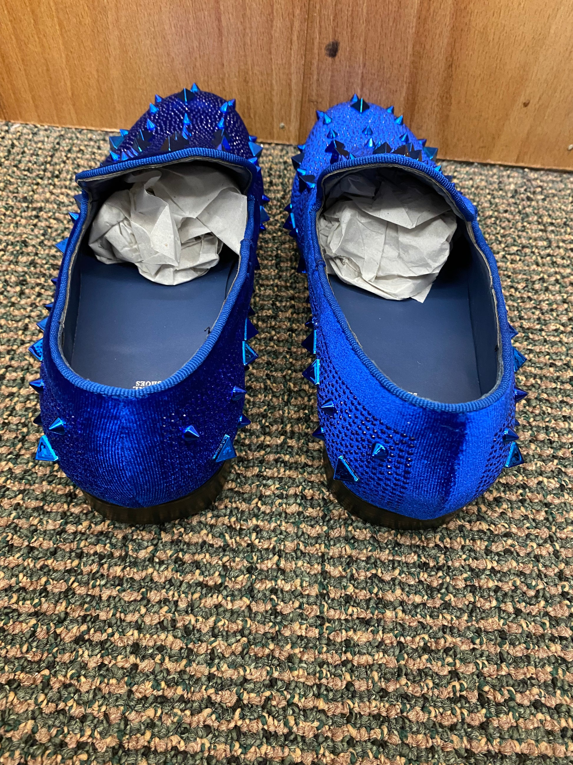 Royal Shoes Royal Blue Spikes Rhinestones Smoking Slip on Red Bottom M CC Suits