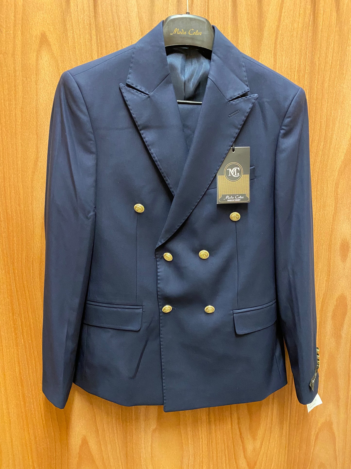 Moda Color Navy Blue Slim Fit European Double Breasted Suit with Gold Buttons