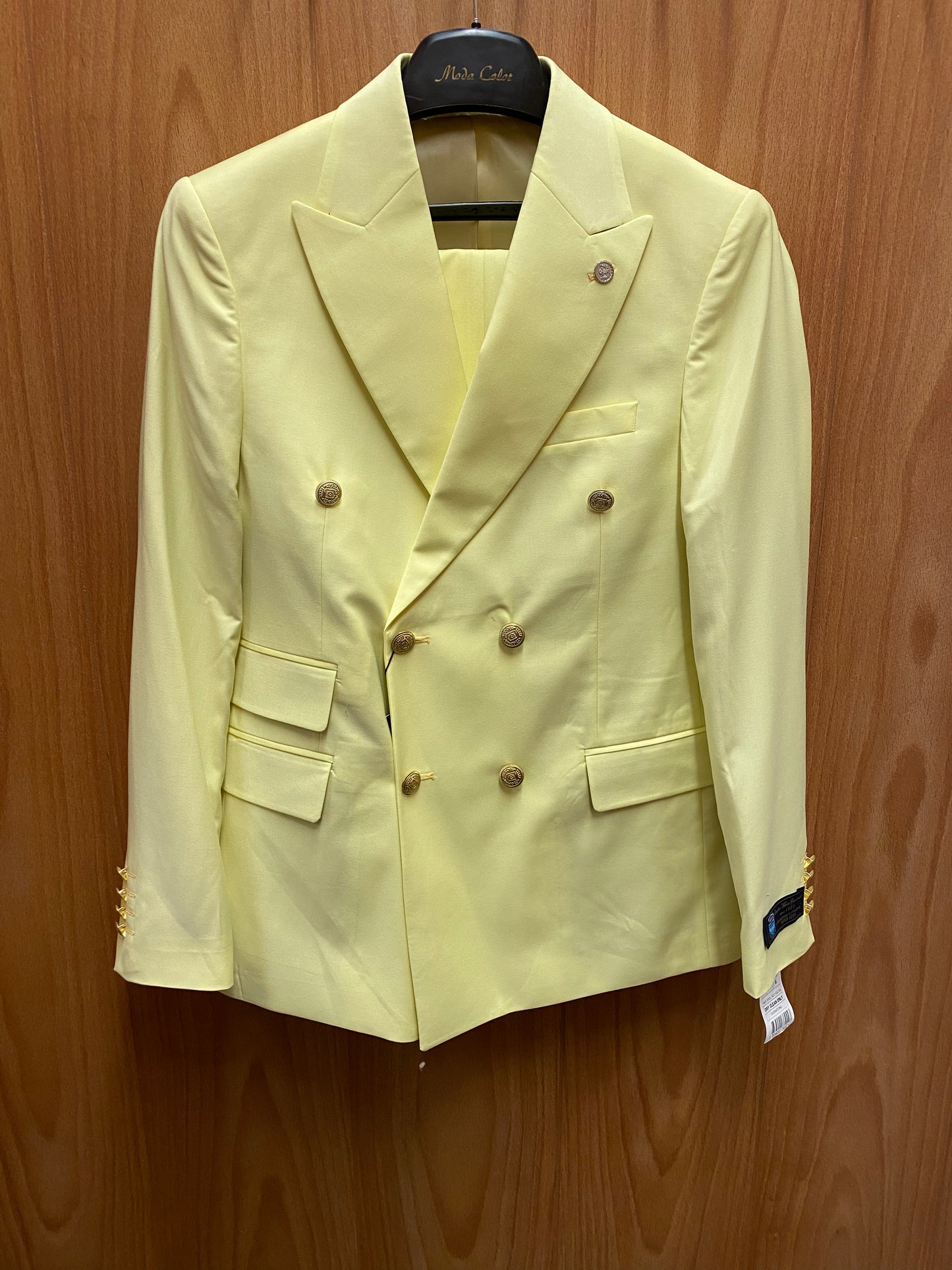 Moda Color Light Lemon Slim Fit European Double Breasted Suit with Gold Buttons