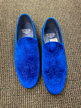 Load image into Gallery viewer, Royal Shoes Royal Blue Paisley Slip-on Men’s Smoking Slippers Red Bottom Dress Shoes Sizes 8-13
