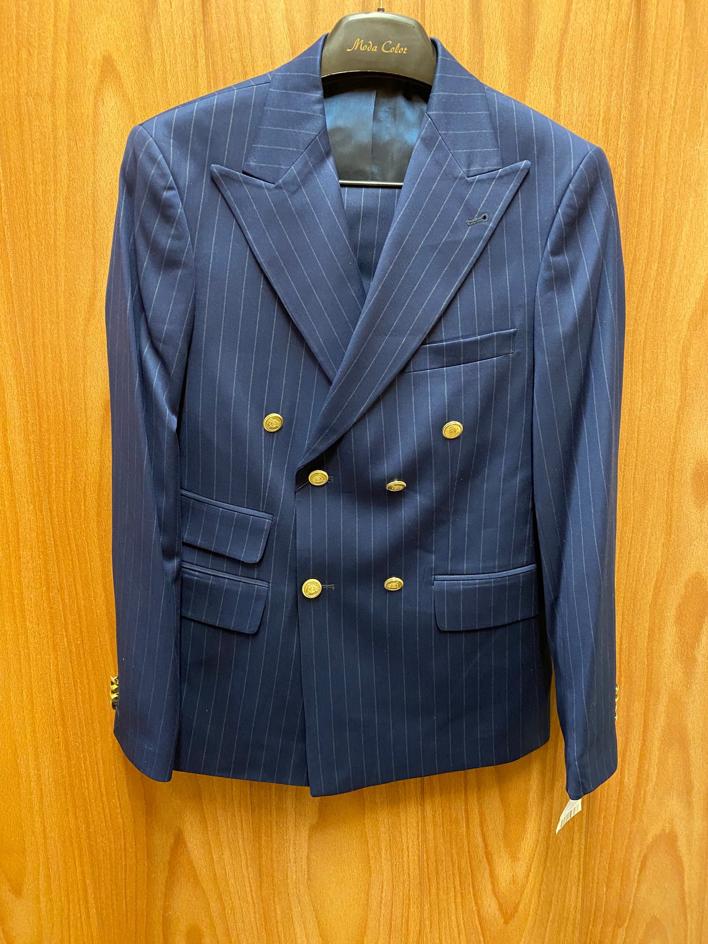 Moda Color Navy Blue Pinstripe Slim Fit European Double Breasted Suit with Gold Buttons