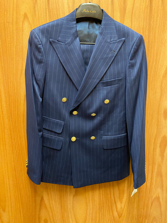 Moda Color Navy Blue Pinstripe Slim Fit European Double Breasted Suit with Gold Buttons