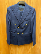 Load image into Gallery viewer, Moda Color Navy Blue Pinstripe Slim Fit European Double Breasted Suit with Gold Buttons
