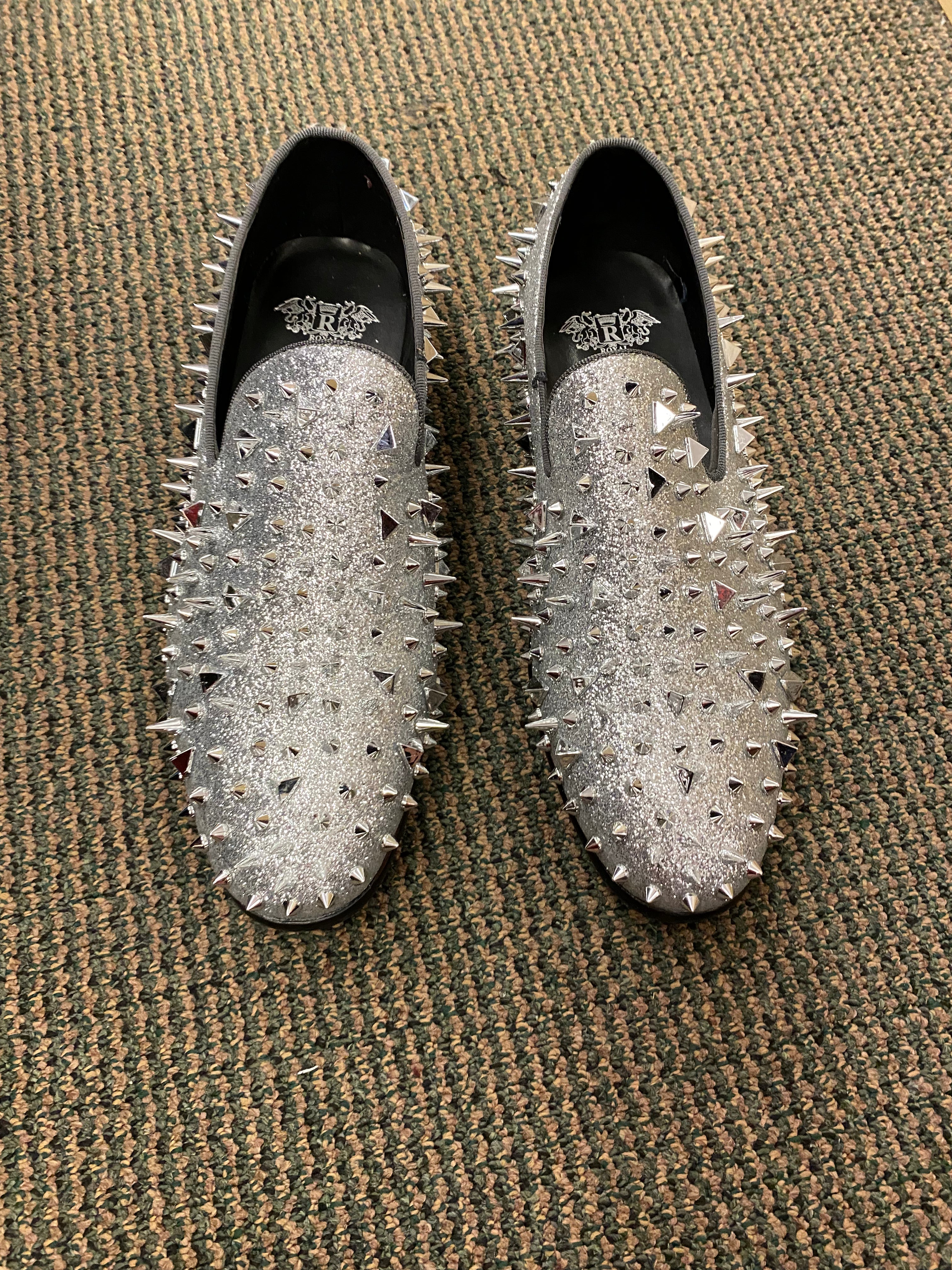 Royal Shoes Silver Spikes Red Bottoms Mens Smoking Slip-on Dress Prom Shoes 8-13 8