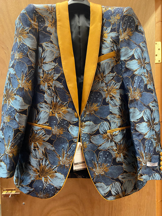 Ferrecci Blue/Gold Floral Print 1-button slim fit blazer