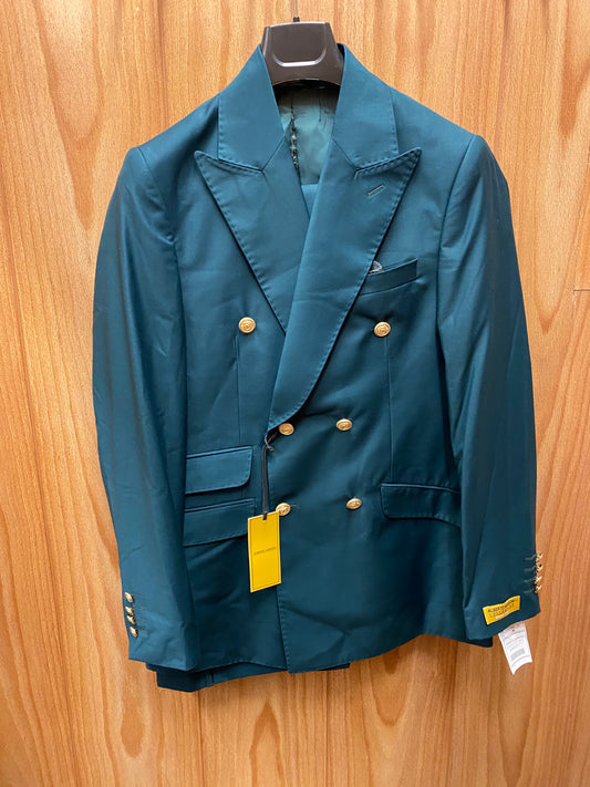 Alberto Nardoni Hunter Green Slim Fit European Double Breasted Suit with Gold Buttons