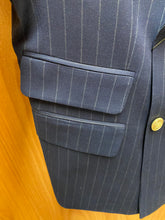 Load image into Gallery viewer, Moda Color Navy Blue Pinstripe Slim Fit European Double Breasted Suit with Gold Buttons
