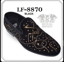 Load image into Gallery viewer, Royal Shoes Black/Gold Rhinestones Smoking Slip-on Red Bottom Men’s Dress Shoes LF-8870 Sizes 8-13
