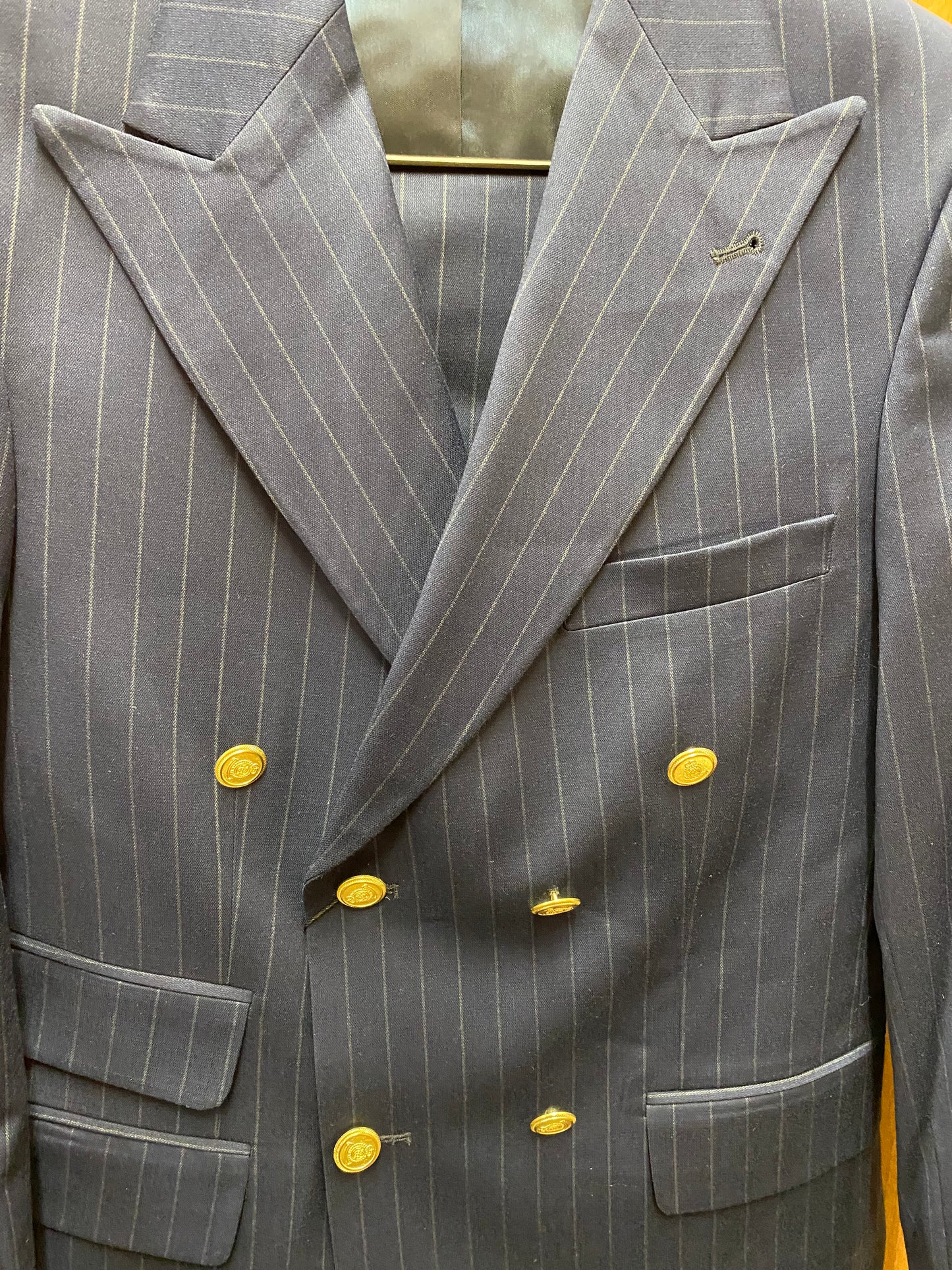 Moda Color Navy Blue Pinstripe Slim Fit European Double Breasted Suit with Gold Buttons