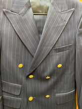 Load image into Gallery viewer, Moda Color Navy Blue Pinstripe Slim Fit European Double Breasted Suit with Gold Buttons
