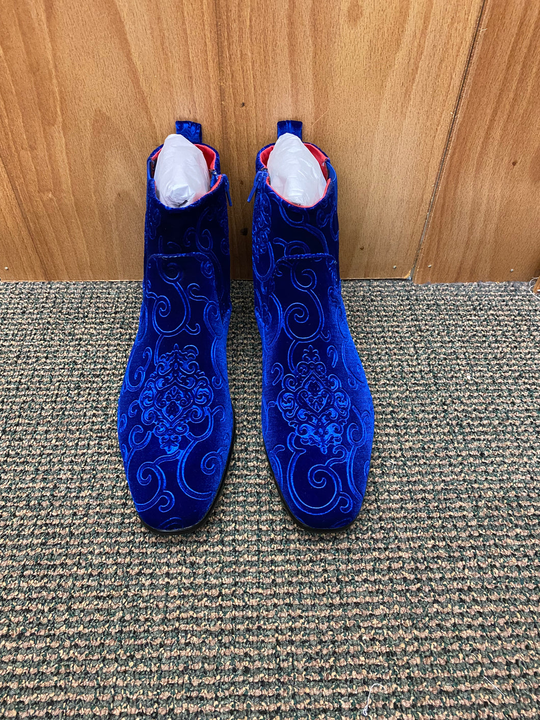 After Midnight Royal Blue Paisley Ankle Red Bottom Boots Sizes 8-13 10