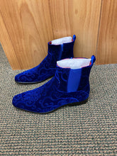 Load image into Gallery viewer, After Midnight Royal Blue Paisley Ankle Red Bottom Boots Sizes 8-13
